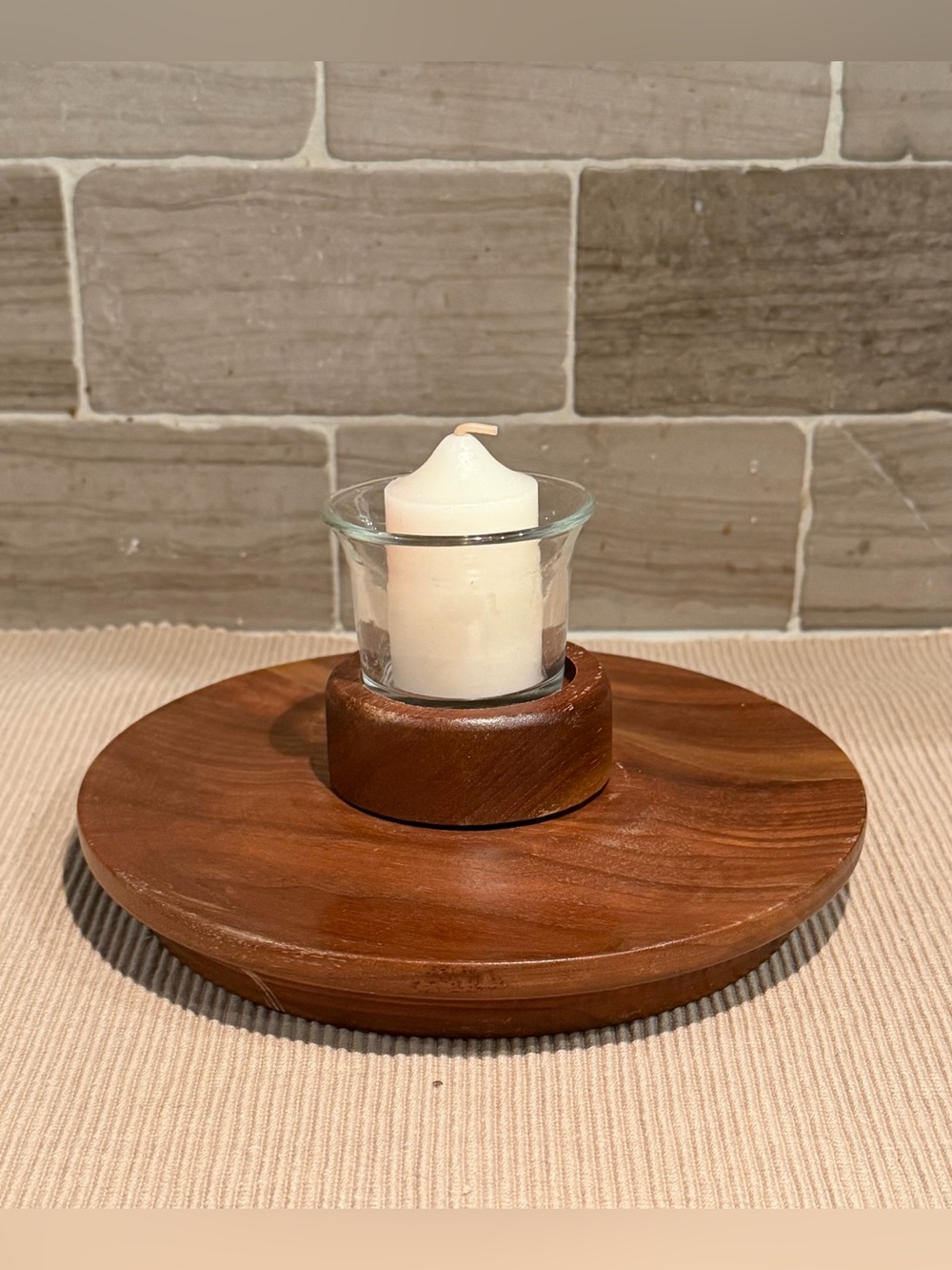 Vintage Ozark Walnutware Solid Walnut Candle Holder Tray MCM with Glass Votive